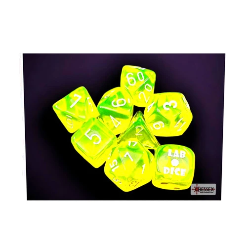 Wondertrail Neon Yellow Translucent Dice with White Numbers 7+1 Dice Set 16mm (5/8in) Chessex