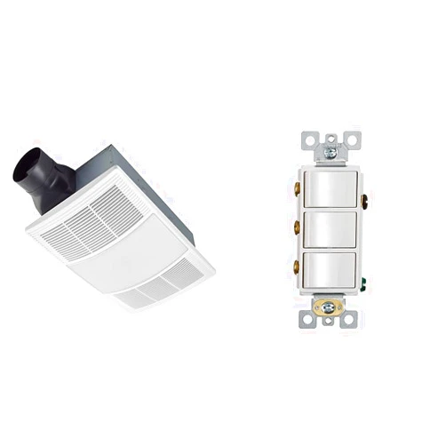 Broan-NuTone BHFLED110 PowerHeat Bathroom Exhaust Fan, Heater, and LED Light Combination, 110 CFM & P3RW Three-Rocker Switch for Bathroom Exhaust Fan, White Wall Control Knob