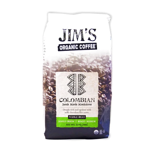 Jim's Organic Coffee Jim’s Organic Coffee – Colombian – Single Origin, Medium Roast - Whole Bean 12 oz Bag