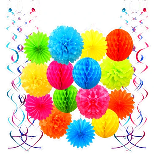 PINSUKO Colorful Paper Party Decorations, Tissue Paper Flower&Party Pom Poms wth Swirl Streamers, Premium Material with Vivid Colors, Hanging Décor for Birthday/Wedding/Bridal Shower/Bachelorette