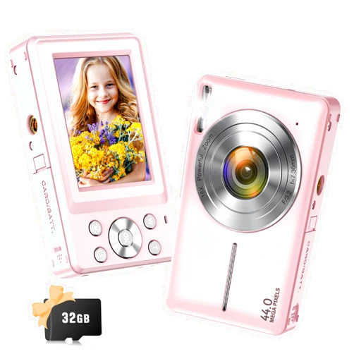 Jukanur Digital Camera, 2024 Upgraded FHD 1080P Digital Camera for Kids with 16X Zoom, Flashlight, 32GB Card, 44MP Point and Shoot Camera Compact Small Selfie Camera for Girls, Boys, Teens, Students,Pink