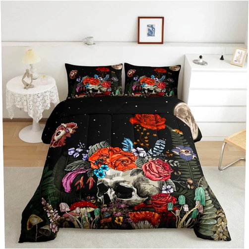 Erosebridal Sugar Skull Bedding Set,Botanical Flower Comforter Set for Kids Boys Girls Home Decor,Starry Sky Duvet Set Trippy Galaxy,Halloween Gothic Down Comforter Soft Lightweight 2Pcs,Twin Size
