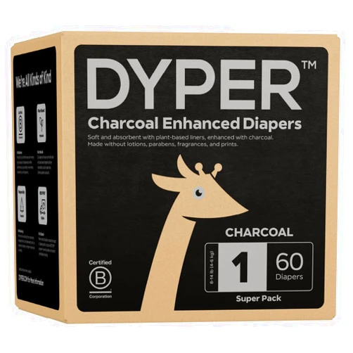 DYPER Charcoal Enhanced Diapers | Baby Diapers from Plant-Based* & Honest Materials | Day & Overnight Diapers | Disposable Diapers for Sensitive Skin (Size 1, 60, Count)
