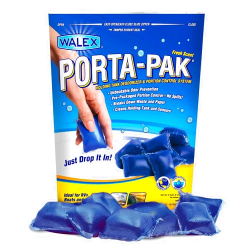 Walex Porta-Pak Black Holding Tank Deodorizer & Portion Control System Drop-Ins - Rapid Breakdown of Waste & Paper, Odor Prevention, Cleans Tank & Sensors - Fresh Scent, 10-Pack