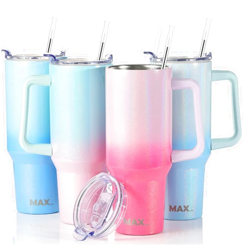 MaxBase 40 Oz Shiny Tumbler with Handle and Straw Lid, Insulated Reusable Stainless Steel Travel Mug Keeps Drinks Cold up to 34 Hours, 100% Leakproof Bottle (L-GradientPink)