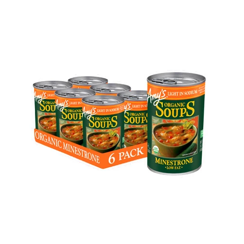 Amy's Amy’s Soup, Vegan Minestrone, Light in Sodium, Made With Organic Vegetables, Beans and Pasta in Tomato Broth, Canned Soup, 14.1 Oz (6 Pack)