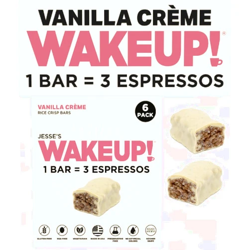 Jesse's WakeUP! WAKE UP! Caffeinated Vanilla Creme Protein Bars - Gluten Free, Vegetarian, 350mg Caffeine (1 Bar = 3 Espressos) - Boosts Focus and Clarity - Kosher Ingredients - 6 Pack