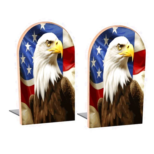 Famame America Flag with Eagle Book Ends Decorative Wood Bookends for Shelves Kids Room Desk Home Office Book Stoppers for Magazines,Books, DVDs, 1 Pair/2 Pieces(5x3.1 in)