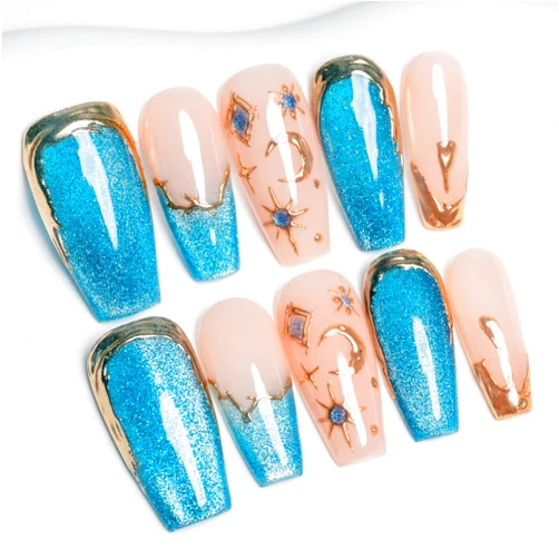 Sun&Beam Nails Handmade Press-On Medium Long Coffin Ballerina with Pink Blue Gold Color 3D Design Charm Cat Eye Cute False Nail Tips 10 Pcs (#82 M)