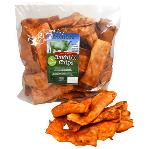 GreenCow Rawhide Chips Beef Flavor 3-Pound Bag - Premium Large Dog Rawhide Chews - Ideal for Agressive Chewers Dog Rawhide Treats - Durable Rawhide Bones for Large Dogs