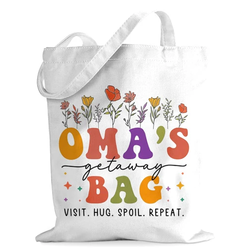 Sugargoo Cotton Tote Bag for Women, Mom Gift Birthday Christmas Mother's Day Retirement Gifts for Grandma Mom Mother, Oma's Getaway Bag, Reusable Weekender Grocery Shopping Tote Bag