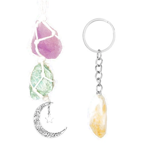 Linkstyle Hanging Car Charm, Dangling Moon Star & Healing Crystal Accessories with Keychain, Handmade Hanging Ornament Car Rear View, Rearview Mirror Decoration Natural Gemstone for Love Energy
