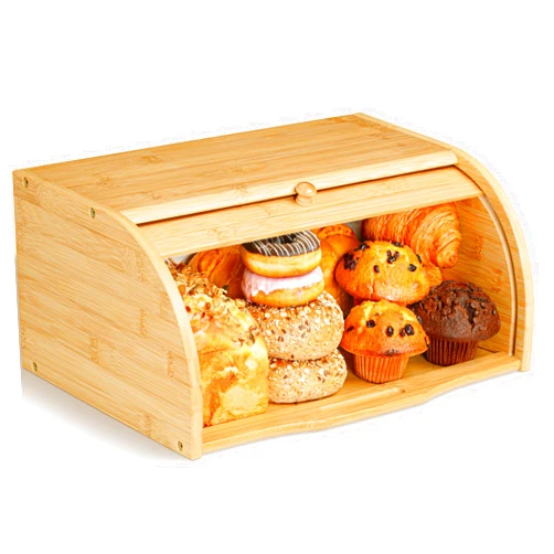 Golden Nature Bamboo Bread Box for Kitchen Countertop, Large Wooden Food Keeper W/Rolling Lid, Vintage Storage Bin for Bagels, Muffins, Cupcakes & Cookies
