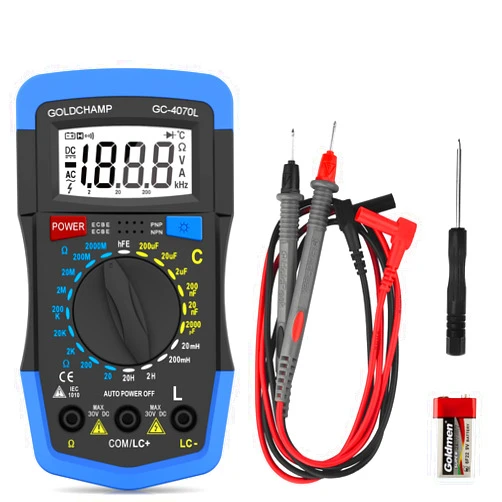 GOLDCHAMP 2000pF~200uF Capacitor Tester, 200~2000M0 0hm MeterCapacitance Meter, hFE Test Multimeter, Manual Range, Backlight, Auto Power Off, Testing Meter Tool