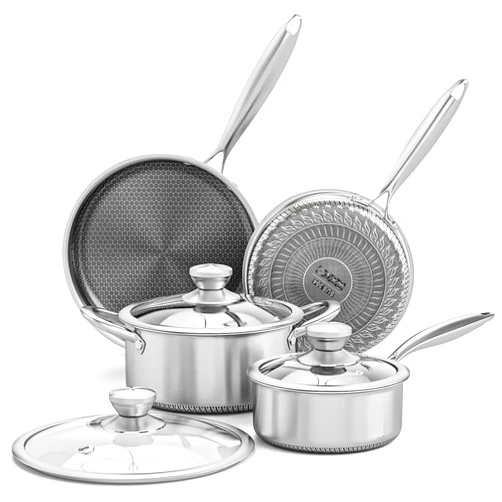 AuFranc® Hybrid Nonstick Stainless Steel Pots and Pans Set, Induction Cookware Set with Tempered Glass Lids, Non-stick Pot and Pan Set Suitable for All Cooktops, Non-Toxic, Dishwasher & Oven Safe