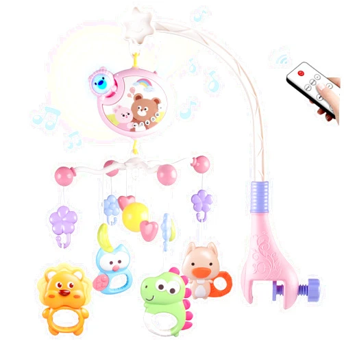 RSEPD Crib Mobile with Music and Lights, Baby Mobiles for Cribs, Nursery Musical Mobile for Bassinets Toys Hanging Girls Boys, Pack and Play Space Portable Animal Mobile Hanger Arm Clip On Attachment