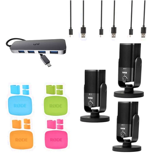 StreamEye Rode Three-Person Podcast and Streaming Bundle with 3X NT-USB Mini, 4-Port Compact USB-C Hub, Rode Color-Coded Caps Polishing Cloth