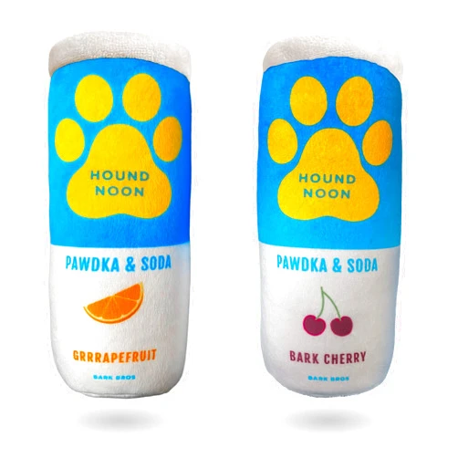 Bark Bros - Hound Noon - Two Pack Plush Squeaky Dog Toys Funny Drink Parody - Alcohol Dog Toy - Dog Birthday Toy - Cute Dog Toys - Beer Dog Toy - Puppy Gifts (Hound Noon Pawdka & Soda)