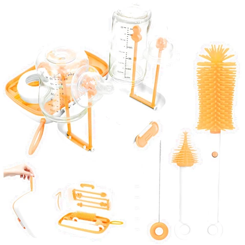 FIYCATPSA Baby Bottle Brush Set，Essential Travel Bottle Cleaner Kit with Drying Rack，Includes Silicone Bottle Brush, Nipple Brush, Straw Brush, Soap Dispenser and Storage Case，Baby Travel Essential