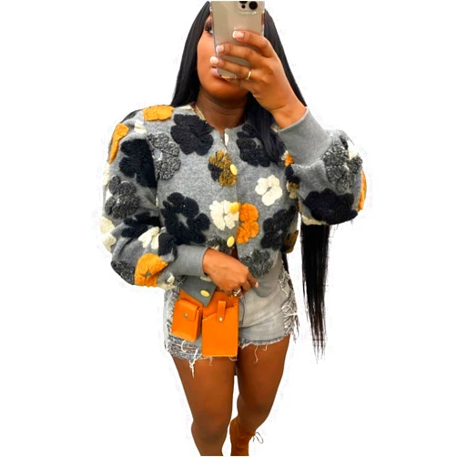 OLAMIOSO Women's 3D Flower Cropped Bomber Jacket Button Down Varsity Jackets