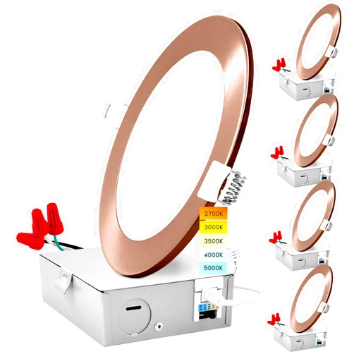 LUXRITE 6 Inch Ultra Thin LED Recessed Light with J-Box, 12W, 5 Color Options 2700K | 3000K | 3500K | 4000K | 5000K, Dimmable Wafer Light, 1000 Lumens, Copper Trim, Energy Star, IC Rated (4 Pack)
