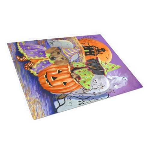 Caroline's Treasures PPP3082LCB Dachshund Halloween Haunted House Glass Cutting Board Large Decorative Tempered Glass Kitchen Cutting and Serving Board Large Size Chopping Board