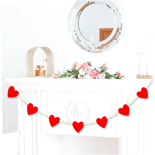 NESTRE Mantel Decor - Red Felt Heart Wooden Beads Garland Banner for Fireplace Mantel Walls Decorations/Red