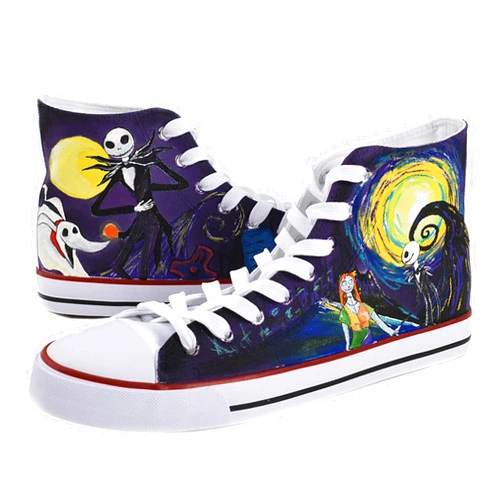 Fedcan Jack and Sally Canvas Shoes Halloween Ghosts Hand Painted Custom Anime Sneakers Gifts Christmas Eve High Top Women Men White
