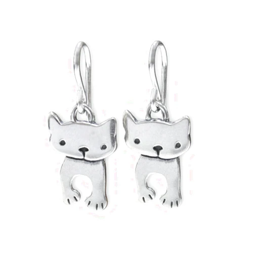 Mark Poulin Tiny Dancing Cat Earrings - Sterling Silver KItty Charm Earrings - Adorable Gift for Cat Person