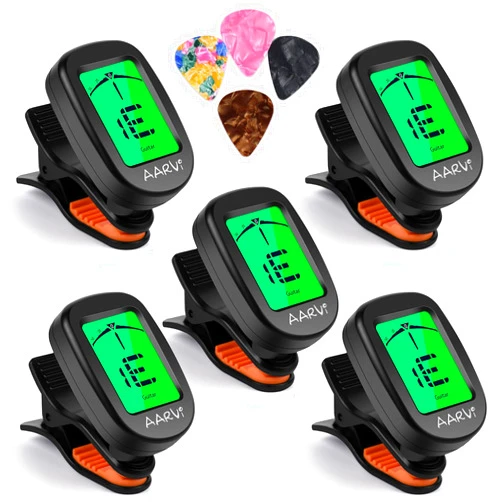 AARVI Clip On Guitar Tuner 5 Pack for All Instruments, Acoustic/Electric Guitar, Ukulele, Bass, Violin, Banjo, Large Clear LCD Display for Guitar Tuner, Chromatic Tuner, 20 Pack Guitar Picks Included