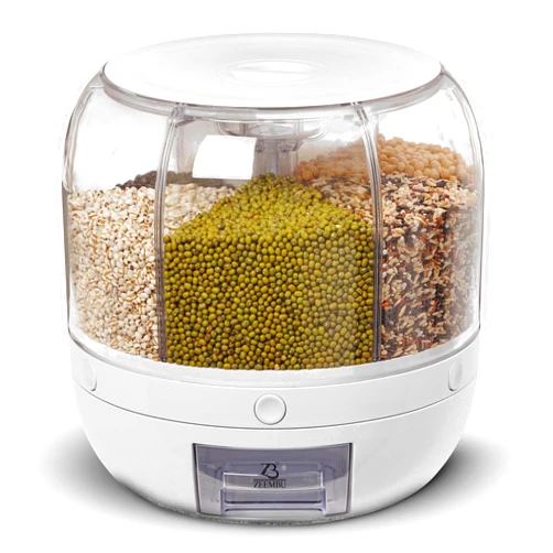 ZEEMBU Grain and Rice Dispenser, 8 Quarts Rotating 360° Kitchen Dry Food Storage Container with 6 Compartments, Easy Disassembly for Cleaning, Compact Design