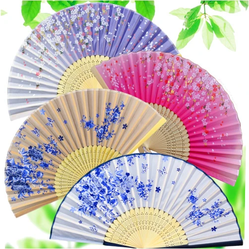 YARRD Pack of 4 Handheld Folding Fan Silk – Chinese Silk Hand Accessories for Women Foldable Hand Fan Blue Pink Biege Purple Japanese Foldable Accessories Handheld for Decor Festival Dance Event Wedding
