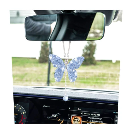 XINLIYA Bling Butterfly Diamond Car Accessories, Crystal Car Rear View Mirror Charms for Women, Car Decoration Lucky Gifts Hanging Interior Crystal Ornament Pendant Decor for All Cars （Light Blue）