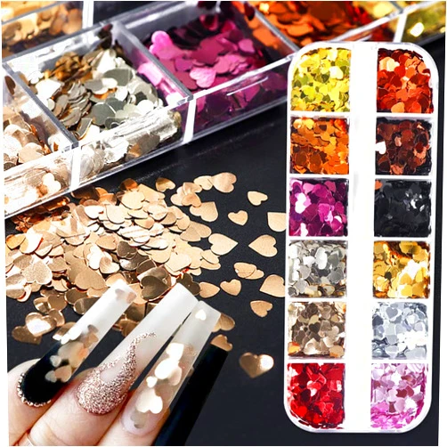 BSBTBZ 3D Heart Nail Glitter Sequins for Valentine's Day Nail Art Stickers Decals Retro Holographic Laser Heart Glitter Flakes Ultra-Thin Heart Nail Art Glitters Sparkle for Acrylic Nail Decoration 12 Colors