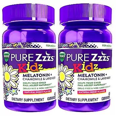 ZzzQuil VICKS Pure Zzzs Kidz, Melatonin Sleep Supplement Gummies for Kids and Children, Helps Your Child Fall Asleep Naturally, Low Dose Melatonin, Berry Flavored, 48 Gummies (Pack of 2)