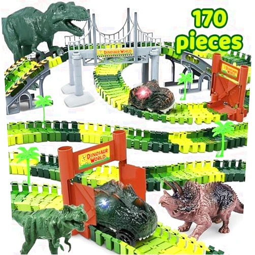 Boffe Dinosaur Race Track Toy Set -Dino Racetrack with 170 Total Pieces, Flexible Tracks, Dino Train for Kids Ages 3-7, Boys & Girls | Dinosaur Race Track, Dinosaur Track Toy Set Toddler Race Track