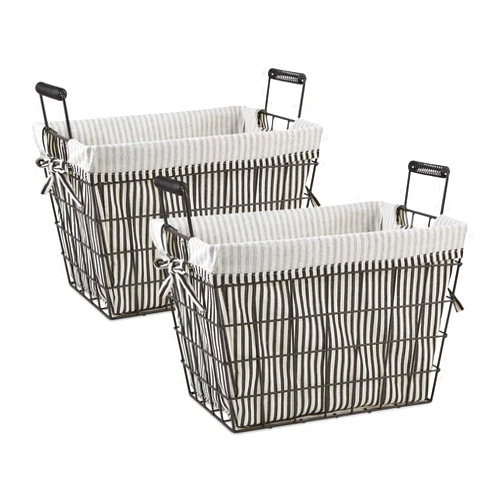 DII Metal Farmhouse Lined Basket, Contemporary Storage Container, Ticking Stripe, Assorted