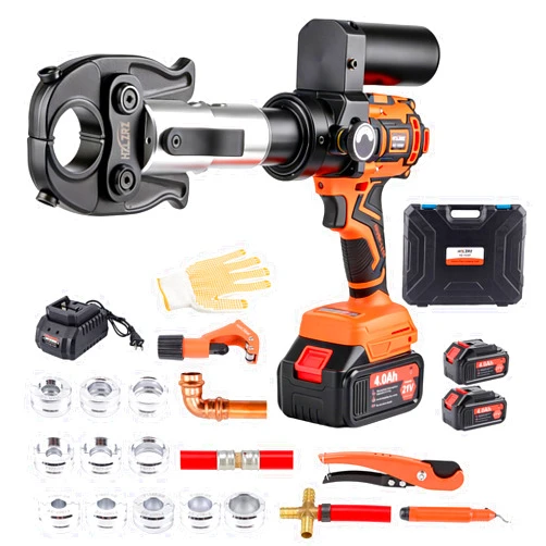 HZLZRZ Upgraded 21V Pro Press Tool Kit Cordless Plumbing Press Tool for Copper and PEX Pipes, Includes 1/2, 3/4, 1” Copper & 3/8”–1” PEX Dies, F877 Stainless Steel Sleeves, 2-Pack 4.0Ah Batteries Case