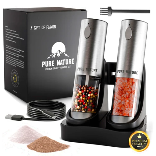 Pure Nature Salt and Pepper Grinder Set with rechargeable base. Premium Stainless Steel up-graded larger capacity with LED Lights, 5 Adjustable Coarseness, Refillable, Type-C Fast Charging.