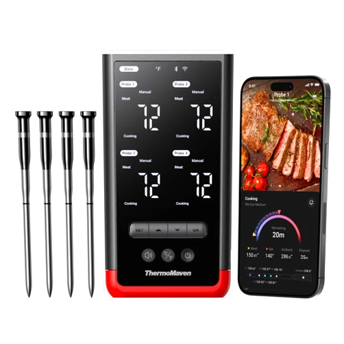 ThermoMaven 4-Probe Wireless Bluetooth Smart Meat Thermometer: Standalone Base, WiFi Unlimited Range, 6 Sensors with NIST Certified Accuracy, for Kitchen, BBQ, Grill, Oven, Smoker, Rotisserie