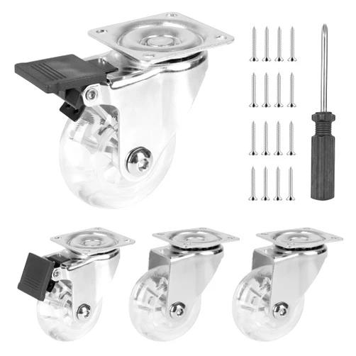 BillTnrio 2 inch Caster Wheels Set of 4, Swivel Plate Casters with Brake for Furniture and Trolley, Crystal Clear No Noise Locking Castors with Transparent PU Wheels(2 with Brakes & 2 Without)