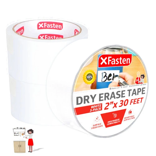 XFasten Dry Erase Tape White 2-Inch x 30-Feet (3-Pack 90 Feet Total) Zero Smudging Ghosting-Free Whiteboard Tape, Reusable Dry Erase Labels for Storage Bins, Sentence Strips for Teachers