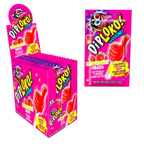 DIPLOKO! ''DIP LOKO!'' Boom Crackling Lollipop | Explosion of Flavor in the Mouth | Popping candy | 0.39 Oz Net Weight per Unit | 24 Count | Artificially Flavored (Strawberry, 24 Count)