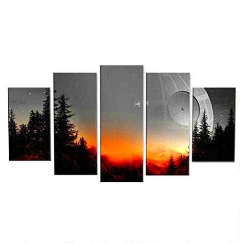 HAO SHUN DA Modular Canvas Pictures Wall Art Framed 5 Pieces Death Star Tree Painting Living Room Prints Movie Poster Home Decor (12x16in*2 12x24in*2 12x32in*1(Frame))