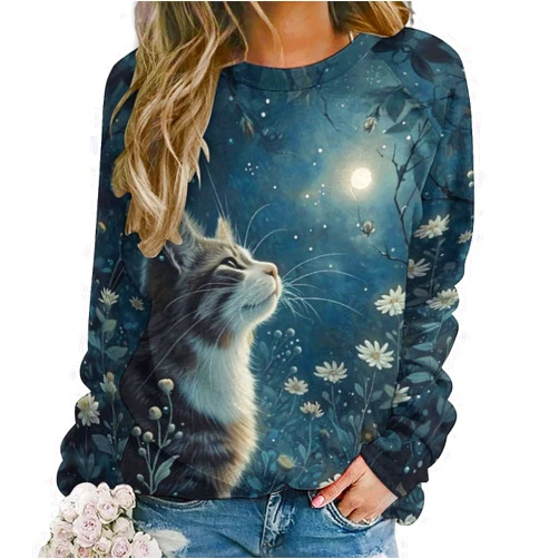DMOYALA Cat Sweatshirts for Women Cute Cat Sweater Graphic Crewneck Sweatshirts Oversized Novelty Funny Sweatshirts Sweater