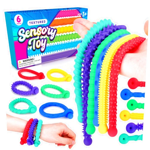 SMALL FISH Sensory Stretchy Strings Toys 6 Pack, Textured Sensory Toys Fidget Toys Noodles Calm Down Travel Toys for Toddler Kids Autism ADHD Adults for Age 4 5 6