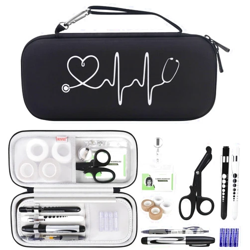 BOVKE Stethoscope Case Kit, 15 Pcs Tool Set Perfect Nurse Gift Include Stethoscope Case, Medical Scissor, Bandage Wraps, 2 Penlights with Batteries, Bandage Holder for Nurses, Black