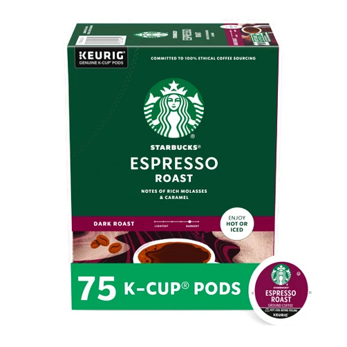 Starbucks K-Cup Coffee Pods, Dark Roast Coffee, Espresso Roast for Keurig Coffee Makers, 100% Arabica, 1 Box (75 Pods)
