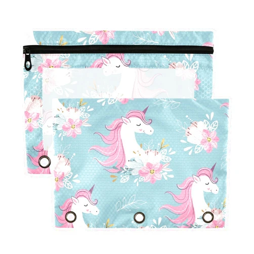 WIFIU Cute Pink Unicorn Head Pencil Pouch for 3 Ring Binder Pockets Clear Window Pencil Bag with Smooth Zipper Spring Flowers Pencil Case for Organization Office Supplies Cosmetics 2 Pack