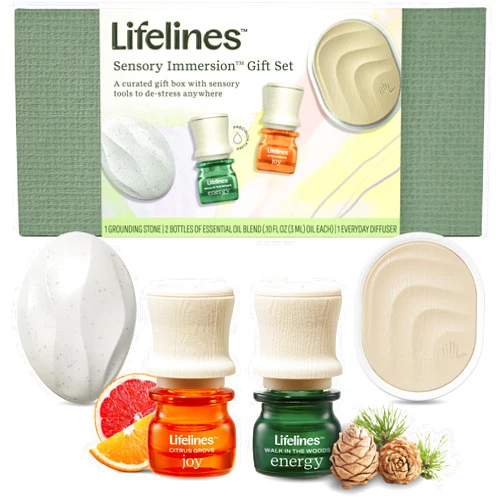 Lifelines Sensory Immersion Gift Set - Includes Everyday Aromatherapy Diffuser, Fidget Grounding Stone & 2 Essential Oil Blends - Unique Sensory Gifts for Women & Men